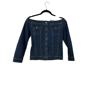 Vintage Collection Womens Off Shoulder Denim  Dark‎ Wash Turquoise Buttons S